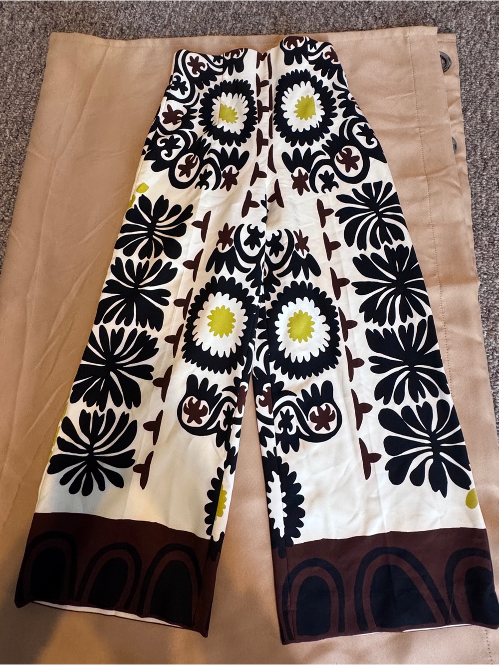 Zara White Black Brown Patterned Wide Leg Pants with Yellow Accents